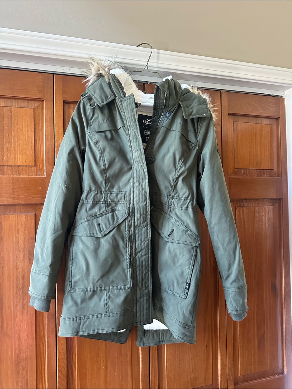 Hollister Heritage Olive Green Parka Coat with Faux Fur Hood